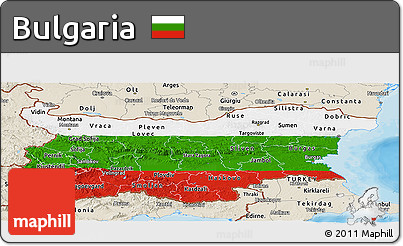 Flag Panoramic Map of Bulgaria, shaded relief outside, bathymetry sea