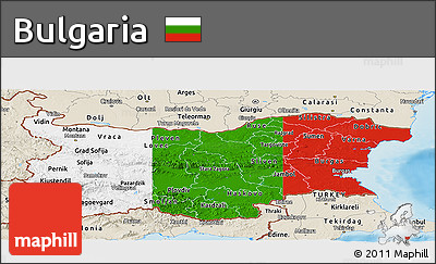 Flag Panoramic Map of Bulgaria, shaded relief outside, flag aligned to the middle