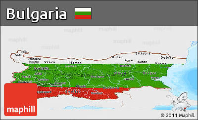 Flag Panoramic Map of Bulgaria, single color outside, bathymetry sea, flag centered