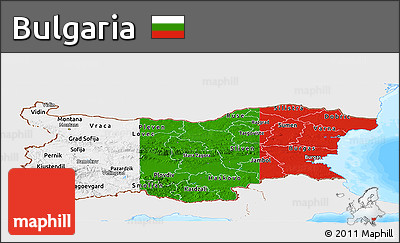 Flag Panoramic Map of Bulgaria, single color outside, bathymetry sea, flag aligned to the middle