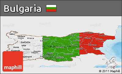 Flag Panoramic Map of Bulgaria, single color outside, shaded relief sea, flag aligned to the middle