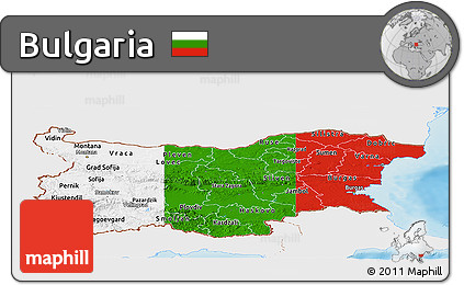 Flag Panoramic Map of Bulgaria, single color outside, shaded relief sea, flag rotated