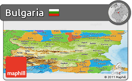 Physical Panoramic Map of Bulgaria, political outside, shaded relief sea