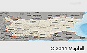 Shaded Relief Panoramic Map of Bulgaria, darken, semi-desaturated, land only