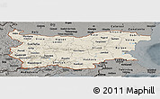 Shaded Relief Panoramic Map of Bulgaria, darken, semi-desaturated
