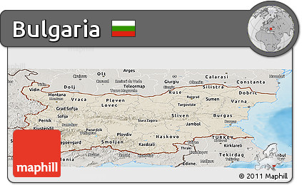 Shaded Relief Panoramic Map of Bulgaria, semi-desaturated, land only