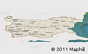 Shaded Relief Panoramic Map of Bulgaria, single color outside, satellite sea