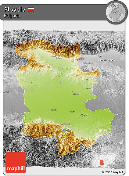 Physical 3D Map of Plovdiv, desaturated
