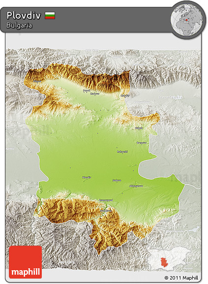 Physical 3D Map of Plovdiv, lighten, semi-desaturated