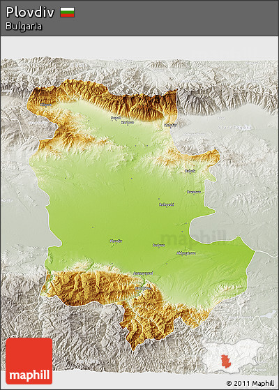 Physical 3D Map of Plovdiv, lighten, semi-desaturated