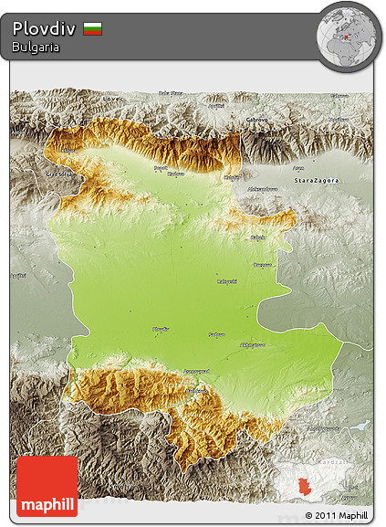 Physical 3D Map of Plovdiv, semi-desaturated
