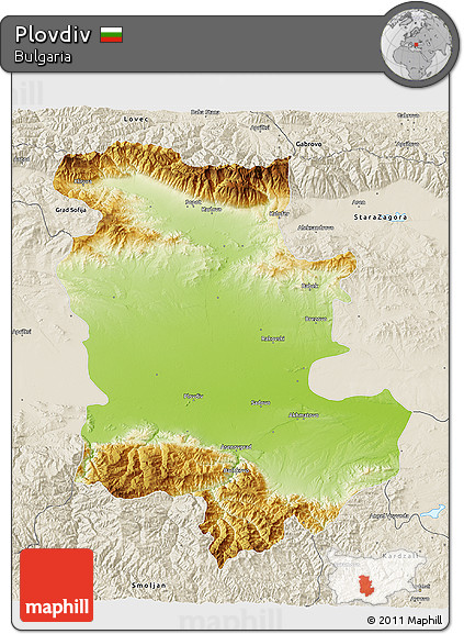 Physical 3D Map of Plovdiv, shaded relief outside