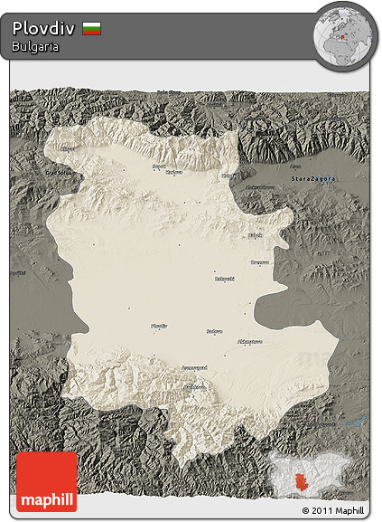 Shaded Relief 3D Map of Plovdiv, darken