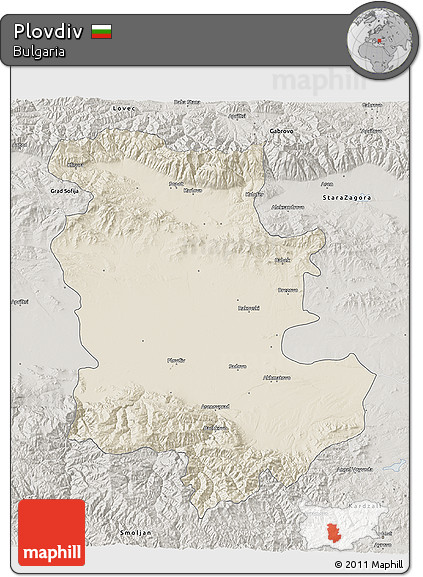 Shaded Relief 3D Map of Plovdiv, semi-desaturated