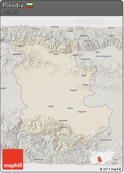 Shaded Relief 3D Map of Plovdiv, semi-desaturated