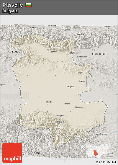 Shaded Relief 3D Map of Plovdiv, semi-desaturated