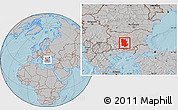 Gray Location Map of Plovdiv, within the entire country, hill shading