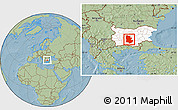 Savanna Style Location Map of Plovdiv, highlighted country, hill shading