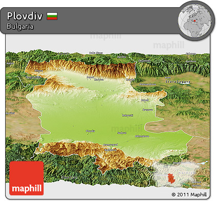 Physical Panoramic Map of Plovdiv, satellite outside