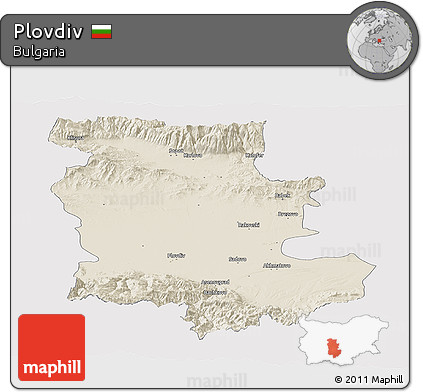 Shaded Relief Panoramic Map of Plovdiv, single color outside