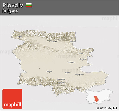 Shaded Relief Panoramic Map of Plovdiv, single color outside
