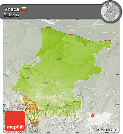 Physical Map of Vraca, lighten, semi-desaturated