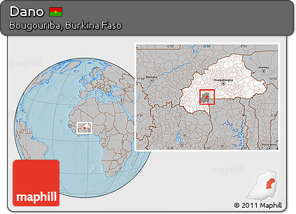 Gray Location Map of Dano, highlighted country, highlighted parent region, hill shading