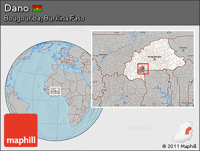 Gray Location Map of Dano, highlighted country, highlighted parent region, hill shading