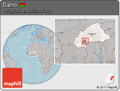 Gray Location Map of Dano, highlighted country, highlighted parent region, hill shading