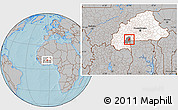 Gray Location Map of Dano, highlighted country, highlighted parent region, hill shading