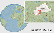 Savanna Style Location Map of Dano, highlighted country, hill shading