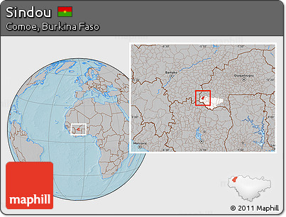 Gray Location Map of Sindou, highlighted parent region, hill shading