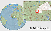 Savanna Style Location Map of Sindou, highlighted country, hill shading