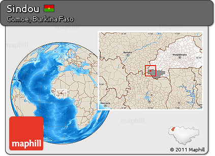 Shaded Relief Location Map of Sindou, highlighted country, highlighted parent region