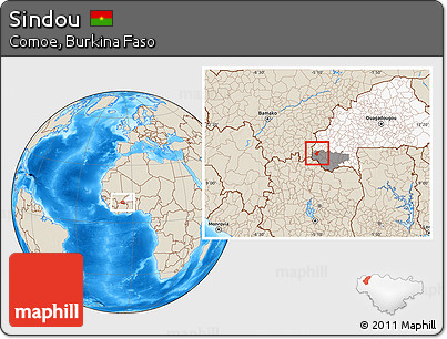 Shaded Relief Location Map of Sindou, highlighted country, highlighted parent region