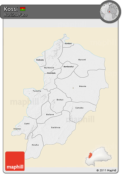 Classic Style 3D Map of Kossi, single color outside
