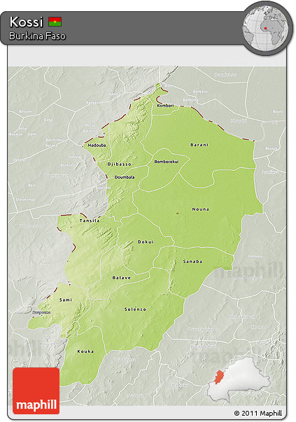 Physical 3D Map of Kossi, lighten, semi-desaturated
