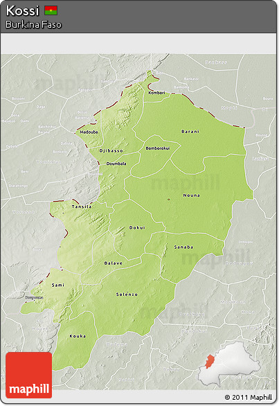 Physical 3D Map of Kossi, lighten, semi-desaturated