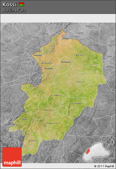 Satellite 3D Map of Kossi, desaturated