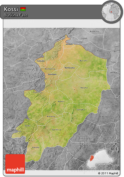 Satellite 3D Map of Kossi, desaturated