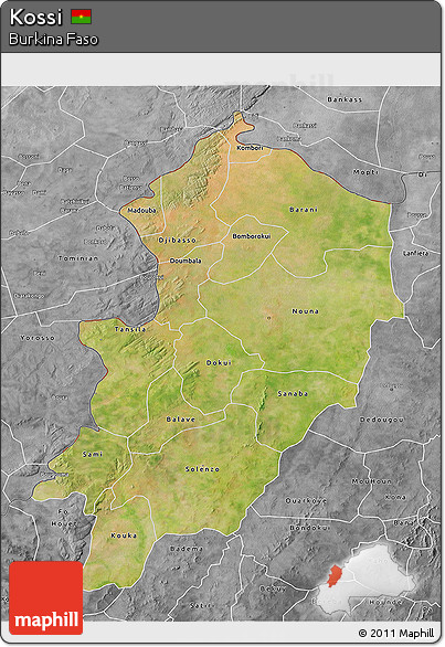 Satellite 3D Map of Kossi, desaturated