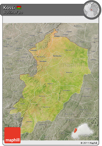 Satellite 3D Map of Kossi, semi-desaturated