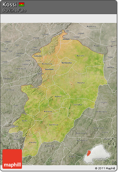 Satellite 3D Map of Kossi, semi-desaturated