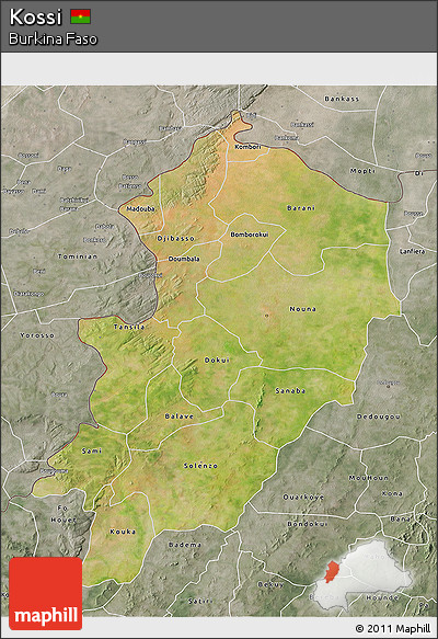 Satellite 3D Map of Kossi, semi-desaturated
