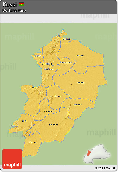 Savanna Style 3D Map of Kossi, single color outside