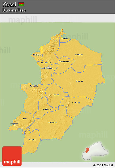 Savanna Style 3D Map of Kossi, single color outside