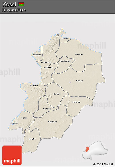 Shaded Relief 3D Map of Kossi, single color outside