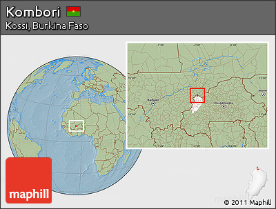 Savanna Style Location Map of Kombori, highlighted parent region, hill shading