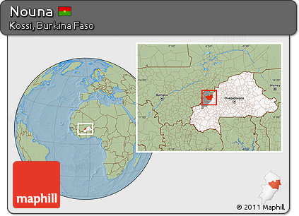 Savanna Style Location Map of Nouna, highlighted country, highlighted parent region, hill shading