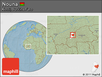 Savanna Style Location Map of Nouna, highlighted parent region, hill shading